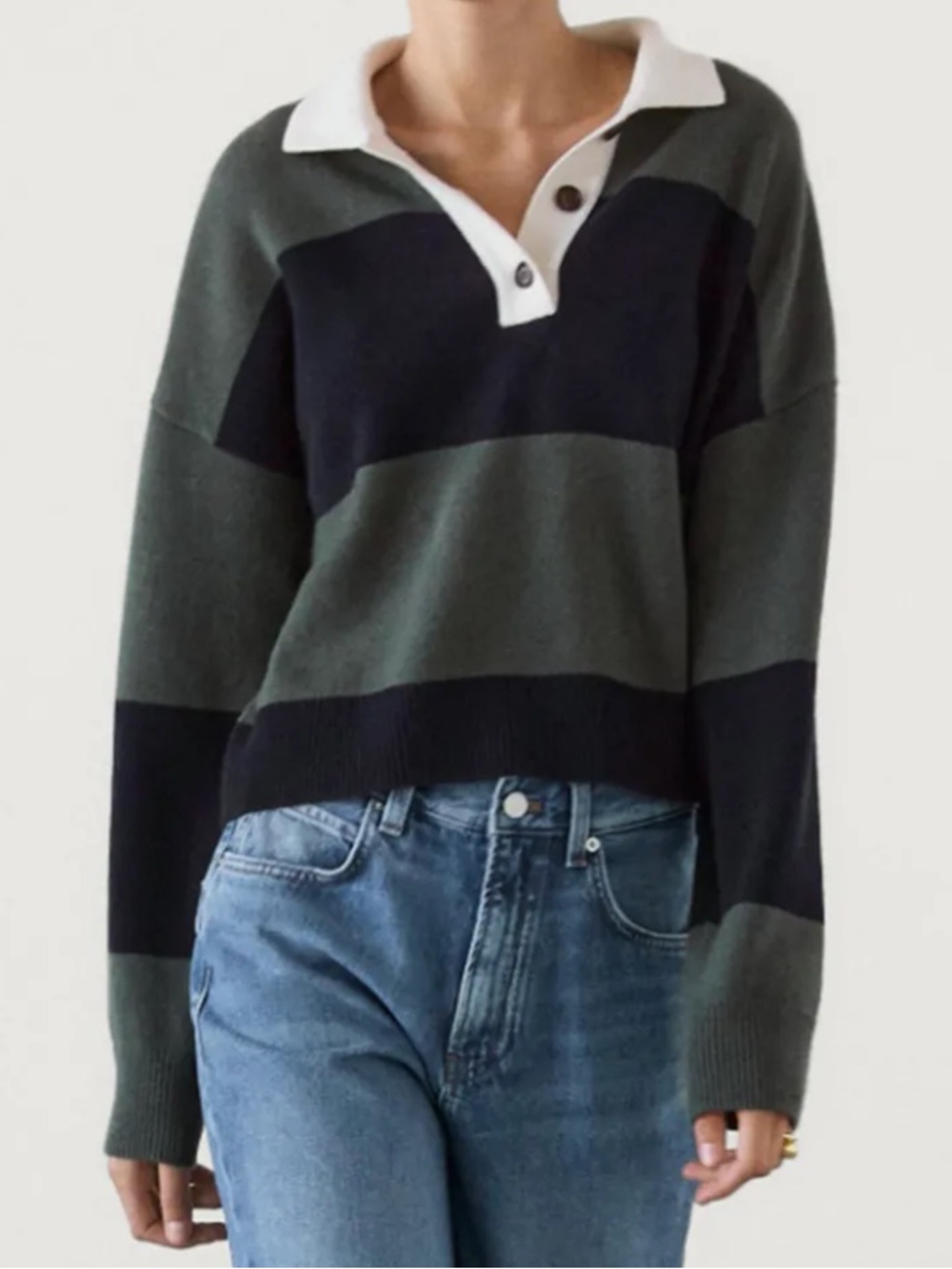 Massimo Dutti Navy and Gray Striped V-Neck Polo Sweater size XS